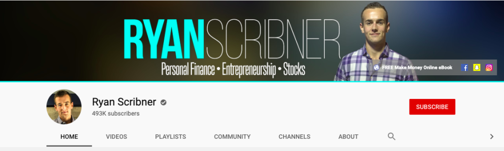 Ryan Scribner YouTube channel homepage